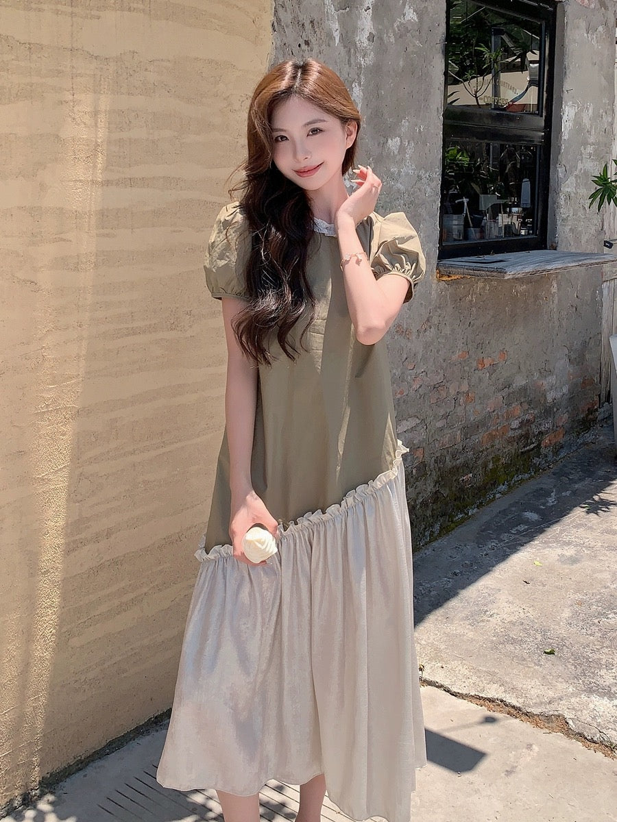 French Puff Sleeve Dress Summer Women 2024 New High-end Loose Irregular Contrast Color Splicing A-Line Long Skirt