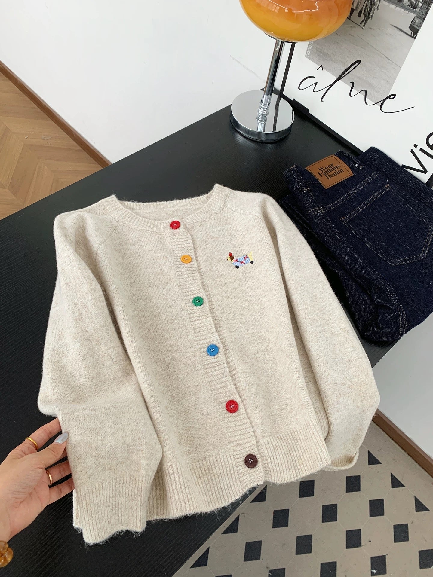 Dopamine Pink Puppy Embroidery Round Neck Sweater Jacket Women's Autumn Sweet Color Button Knitted Cardigan Top