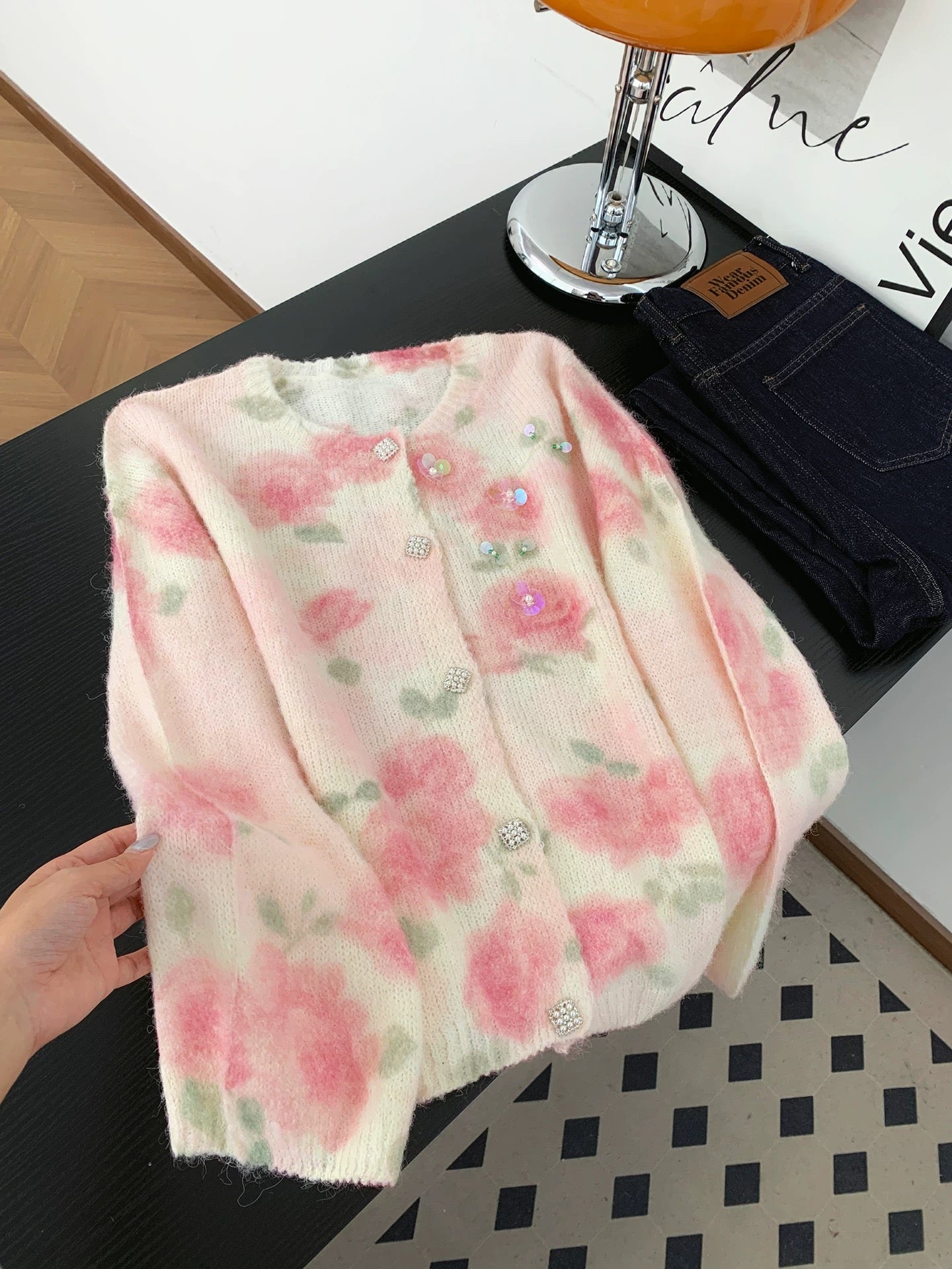 French romantic style pink flower gradient knitted cardigan women's autumn and winter beautiful fashion sequined sweater jacket top