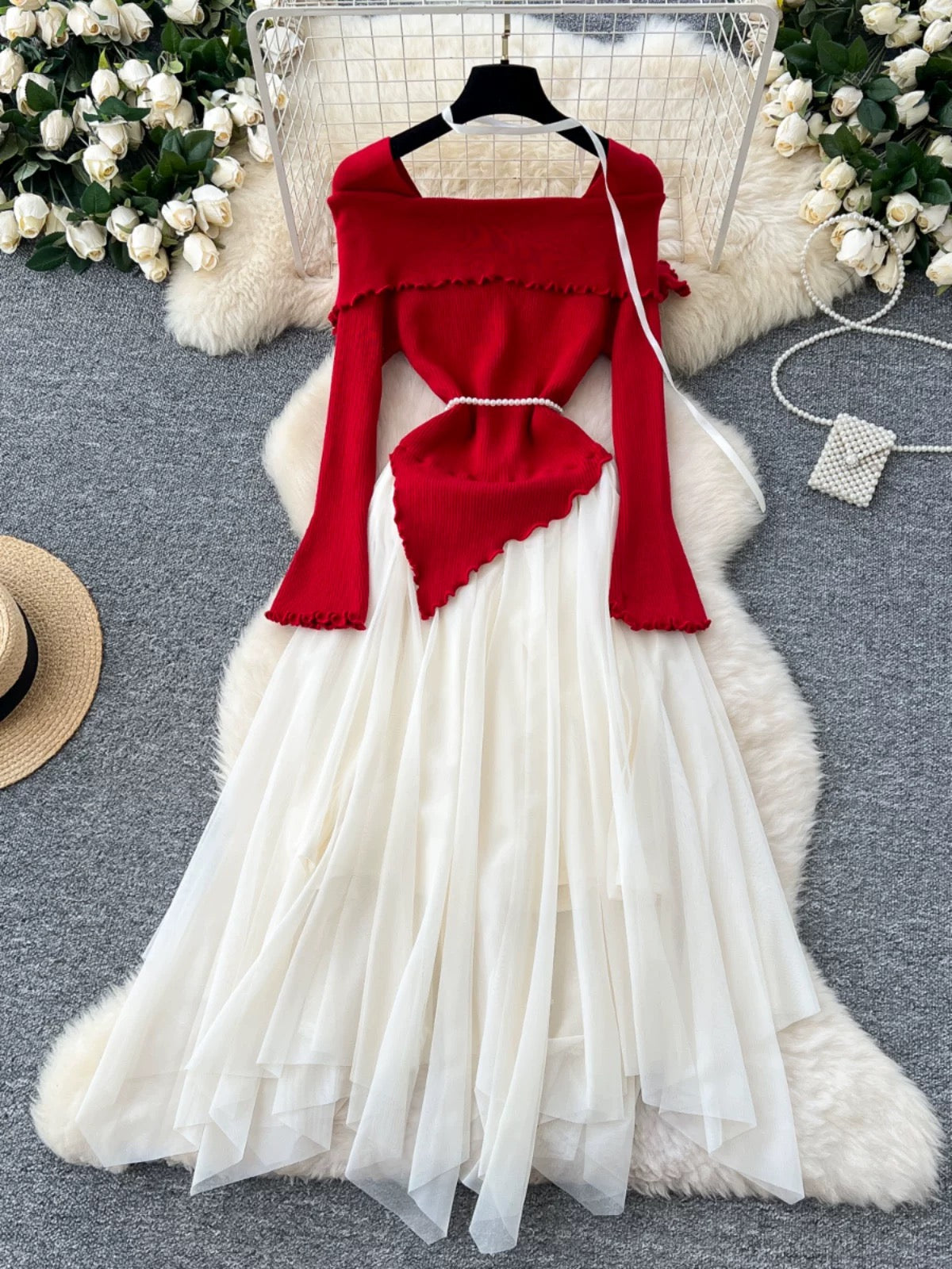 French gentle style three-dimensional flower lapel long-sleeved knitted splicing mesh fluffy irregular fairy dress trendy