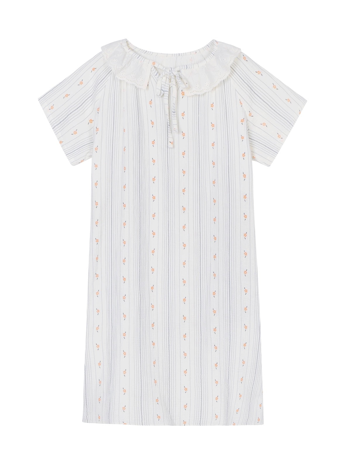 Xinbangbang summer mid-length vertical striped floral nightgown for women with loose lace collar and skin-friendly pajamas
