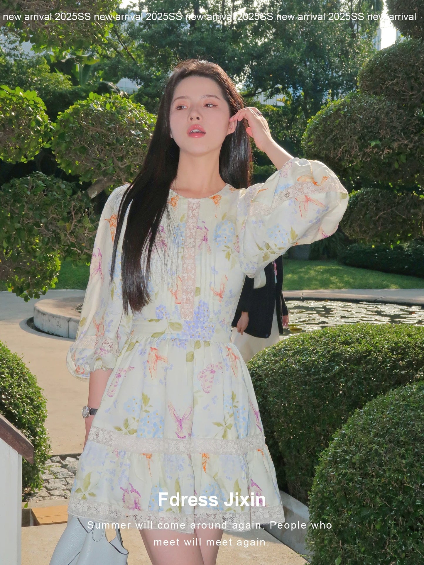 Mail "Usnea Hydrangea" Monet Hydrangea Print Round Neck Waist Short Skirt/Fale Splicing A-Line Dress