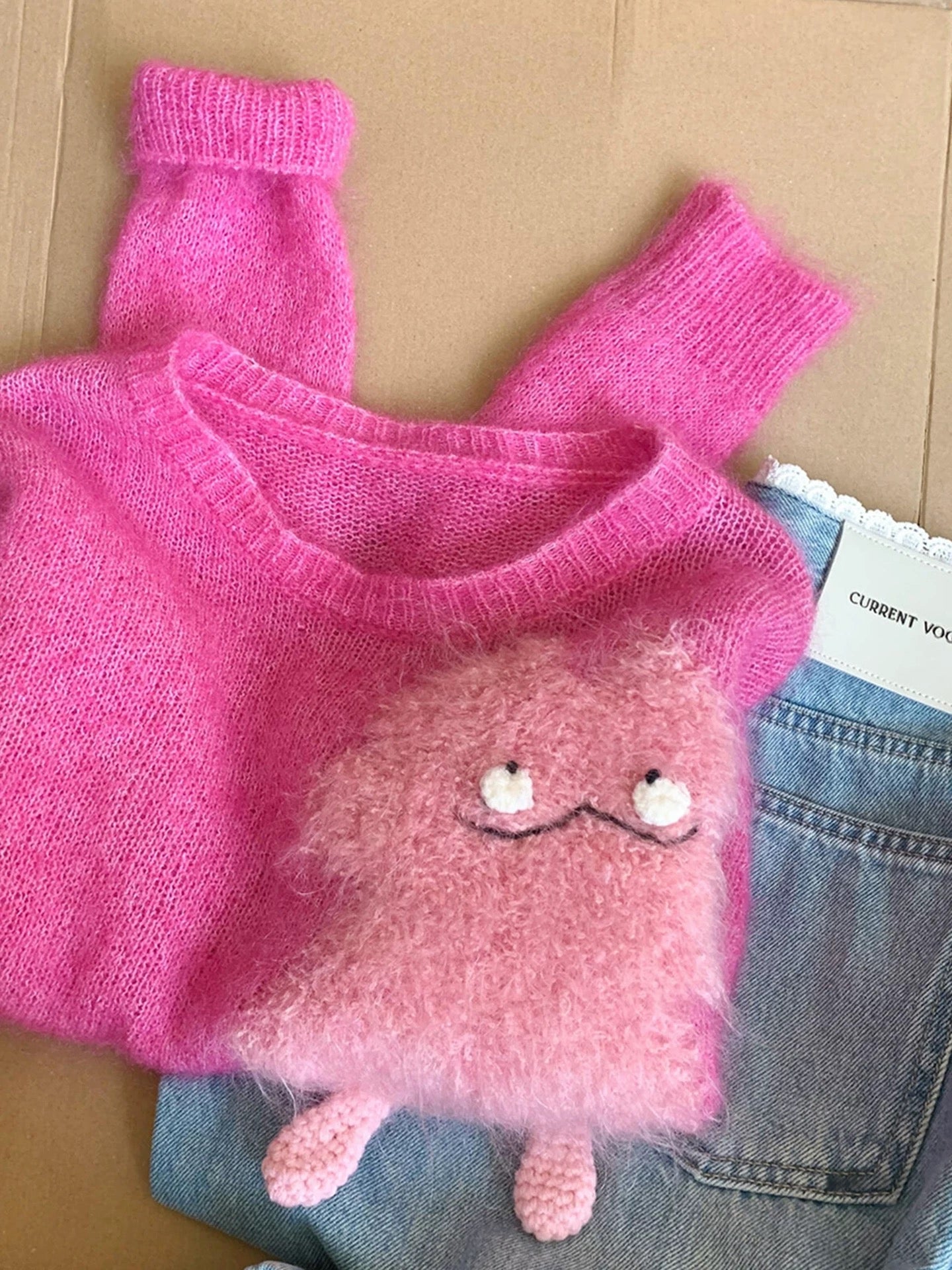 Dopamine raspberry pink fun little monster pattern sweater women autumn and winter sweet style age-reducing lazy knitted sweater top