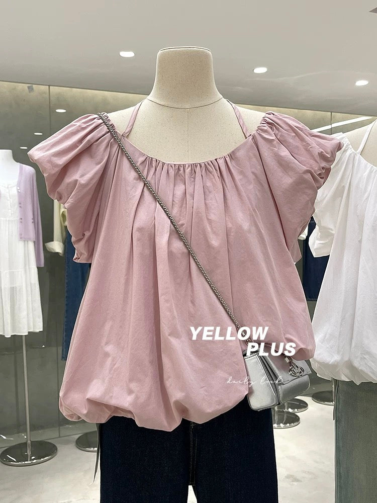 Clearance sale, no refunds or exchanges! French square neck puff sleeve babydoll shirt design with lace-up short shirt Q03