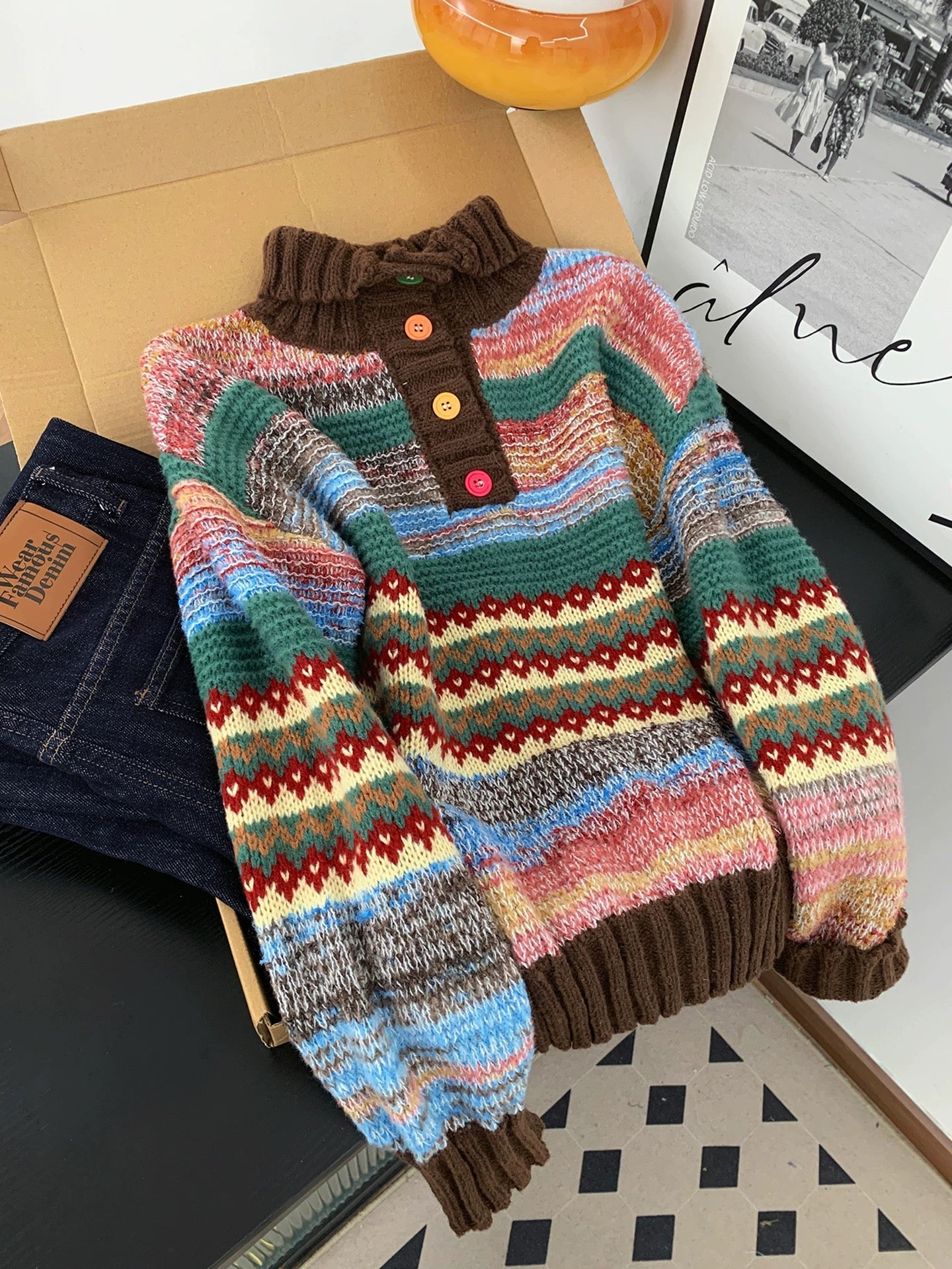 Maillard retro high collar Fair Isle sweater knitted sweater women's autumn and winter lazy colorful button striped jacquard top