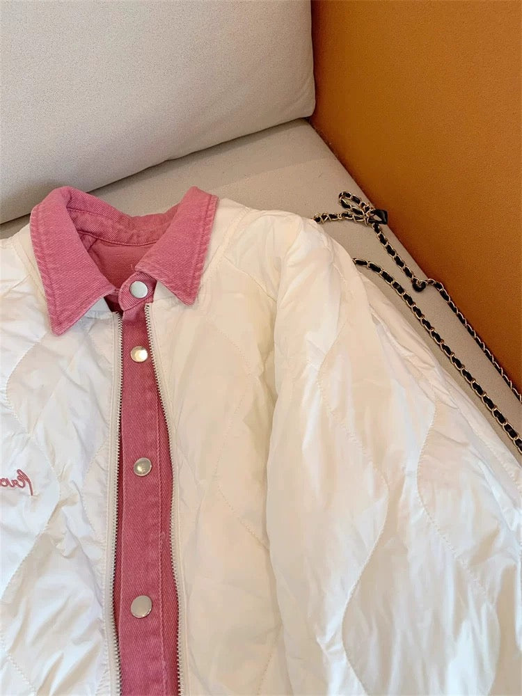 Sweet and cool design fake two-piece loose cotton jacket for women in spring and autumn, chic and fashionable age-reducing cardigan top trendy