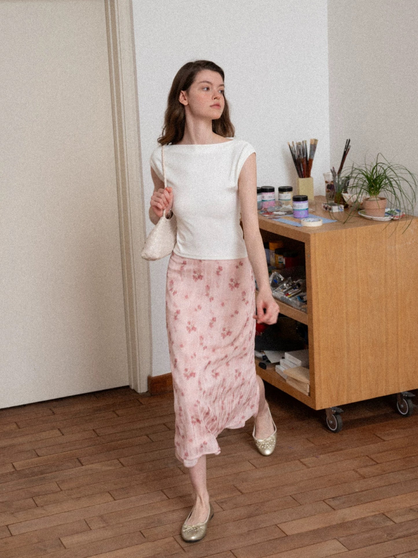 EGGKA Ruffled Layered Slit Floral Print Midi Skirt for Women, Summer High Waist Pink, Elegant and Slimming