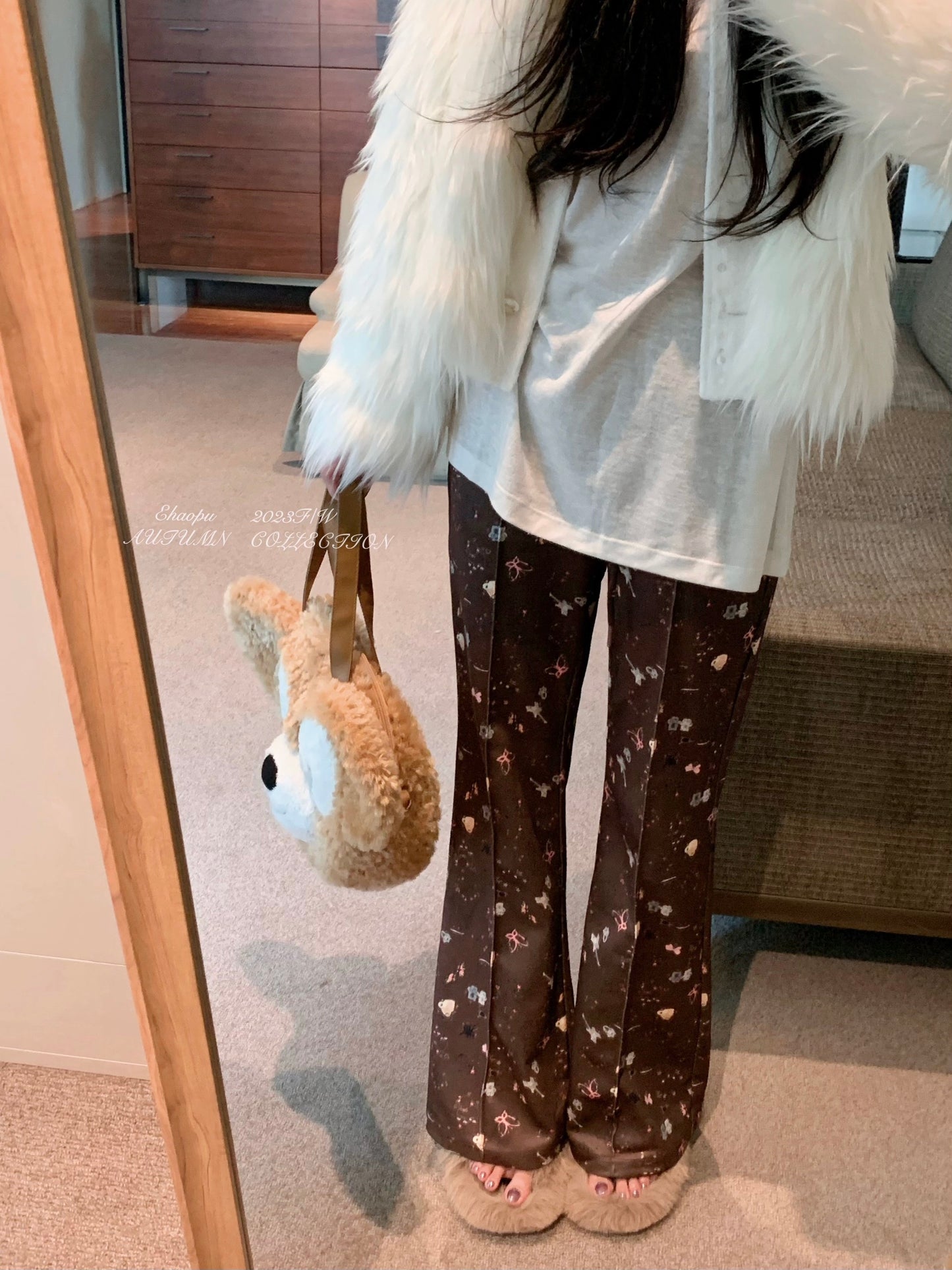 PPSHD fun puppy print bootcut pants for women, autumn and winter slim high waist drawstring straight floor mopping casual pants