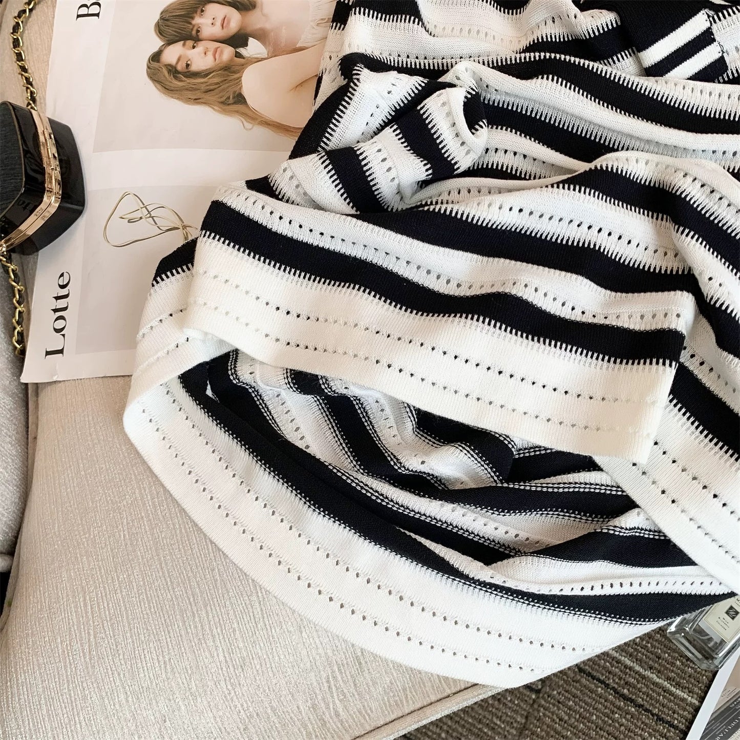 Navy collar hollow ice silk striped skirt women's 2024 summer loose temperament foreign style sweet or salty dress