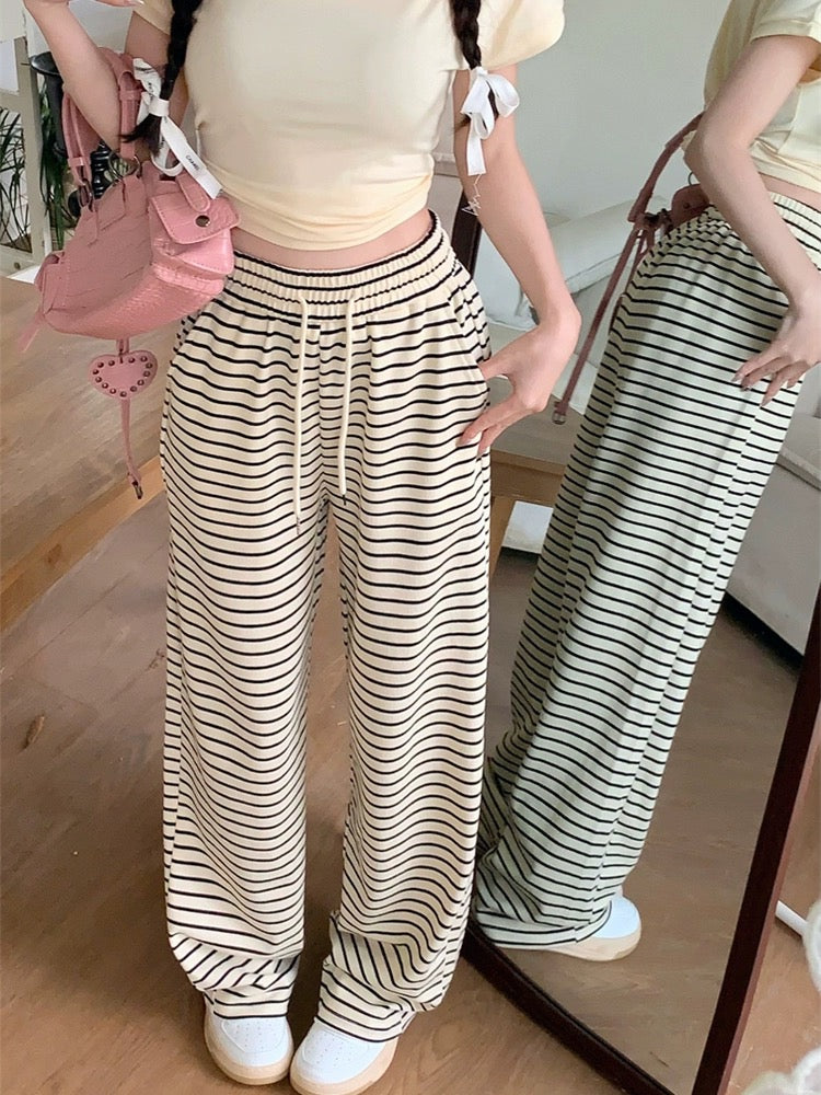 Black and white striped pants, walking pants, casual pants, women's spring and autumn high-waisted wide-leg pants, straight-leg pants, floor-length pants