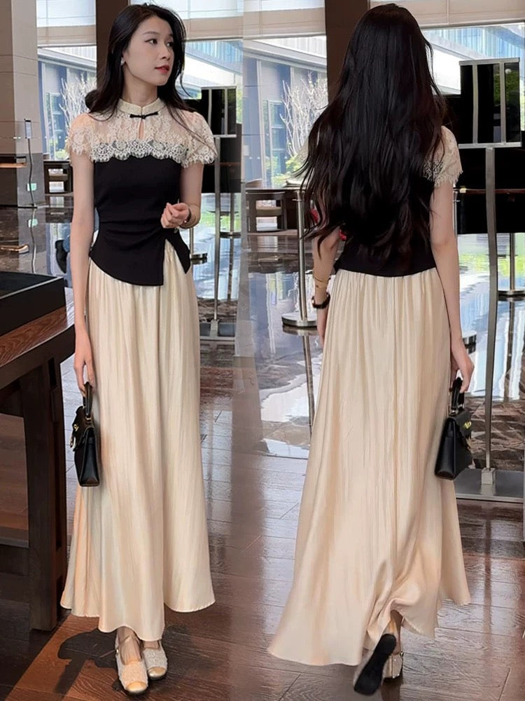 Fashion suits for women 2025 summer new style high-end foreign style lace splicing tops slim casual two-piece suits