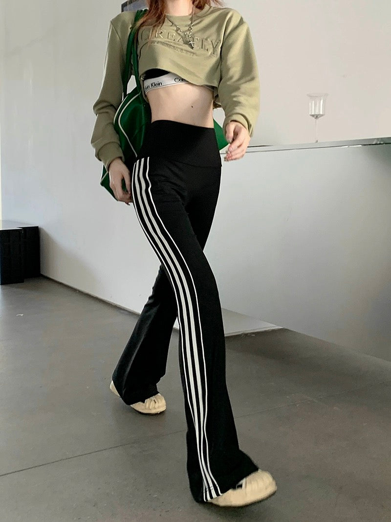 kumikumi high-waist slim micro-flared trousers spring side striped casual pants slim floor-length pants for women