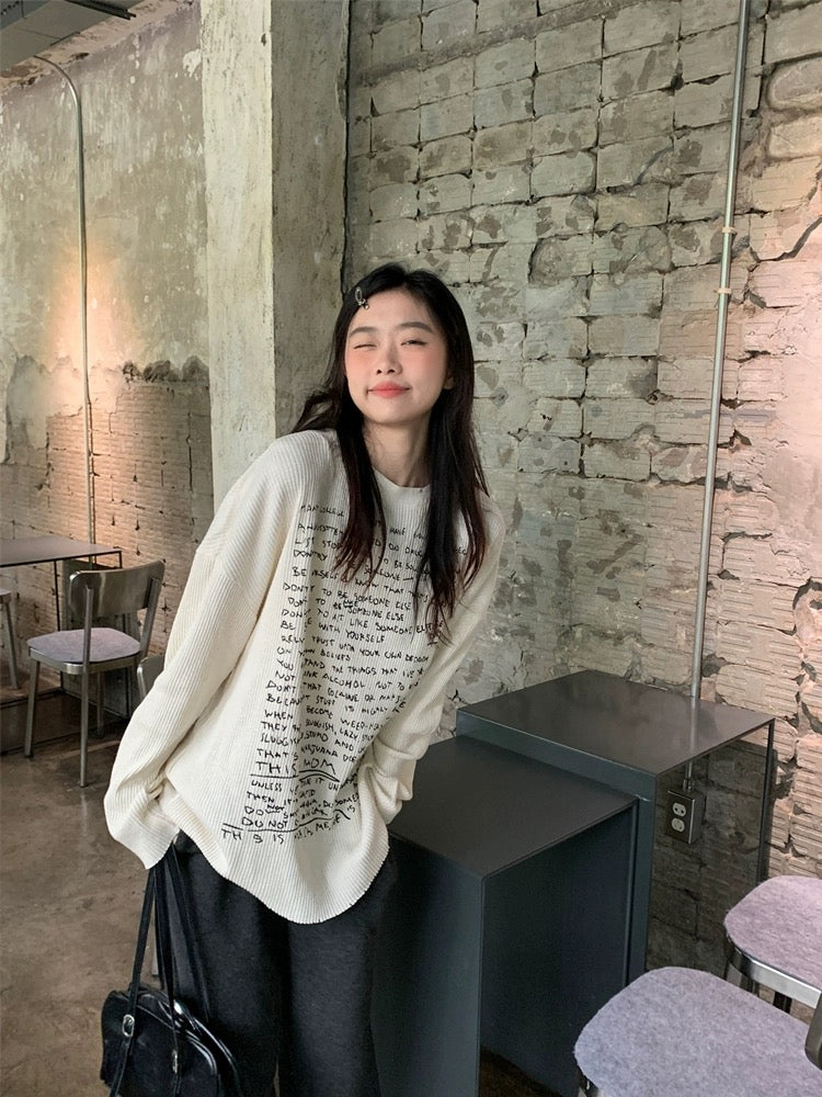 Sweet and spicy style right shoulder long sleeve letter printed T-shirt for women spring niche slimming short white bottoming top