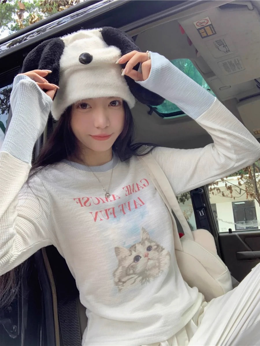 Sweet and spicy cat print long-sleeved T-shirt for women in spring niche design splicing slim short bottoming shirt trendy top