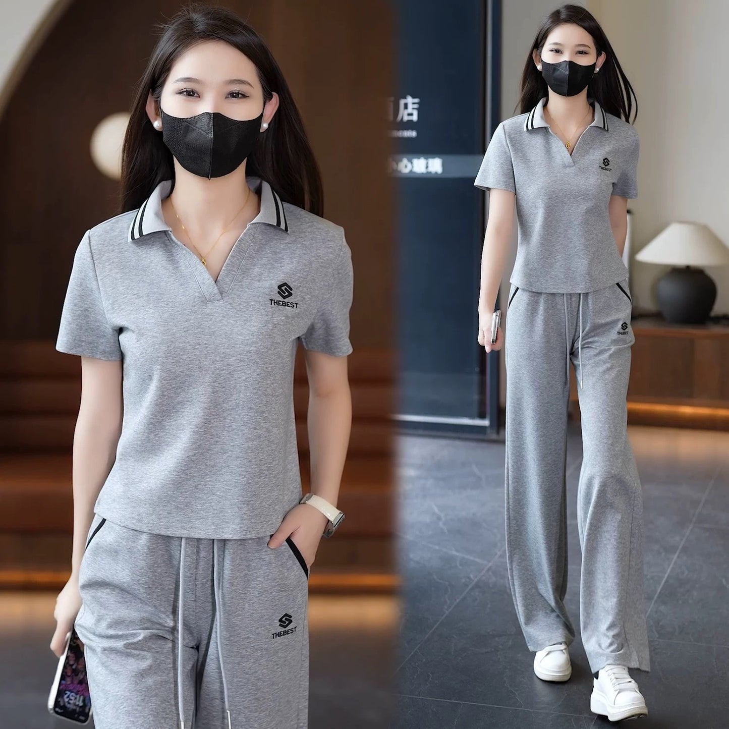 2025 summer new style lapel short-sleeved straight trousers casual sports suit female stylish age-reducing fashion two-piece suit
