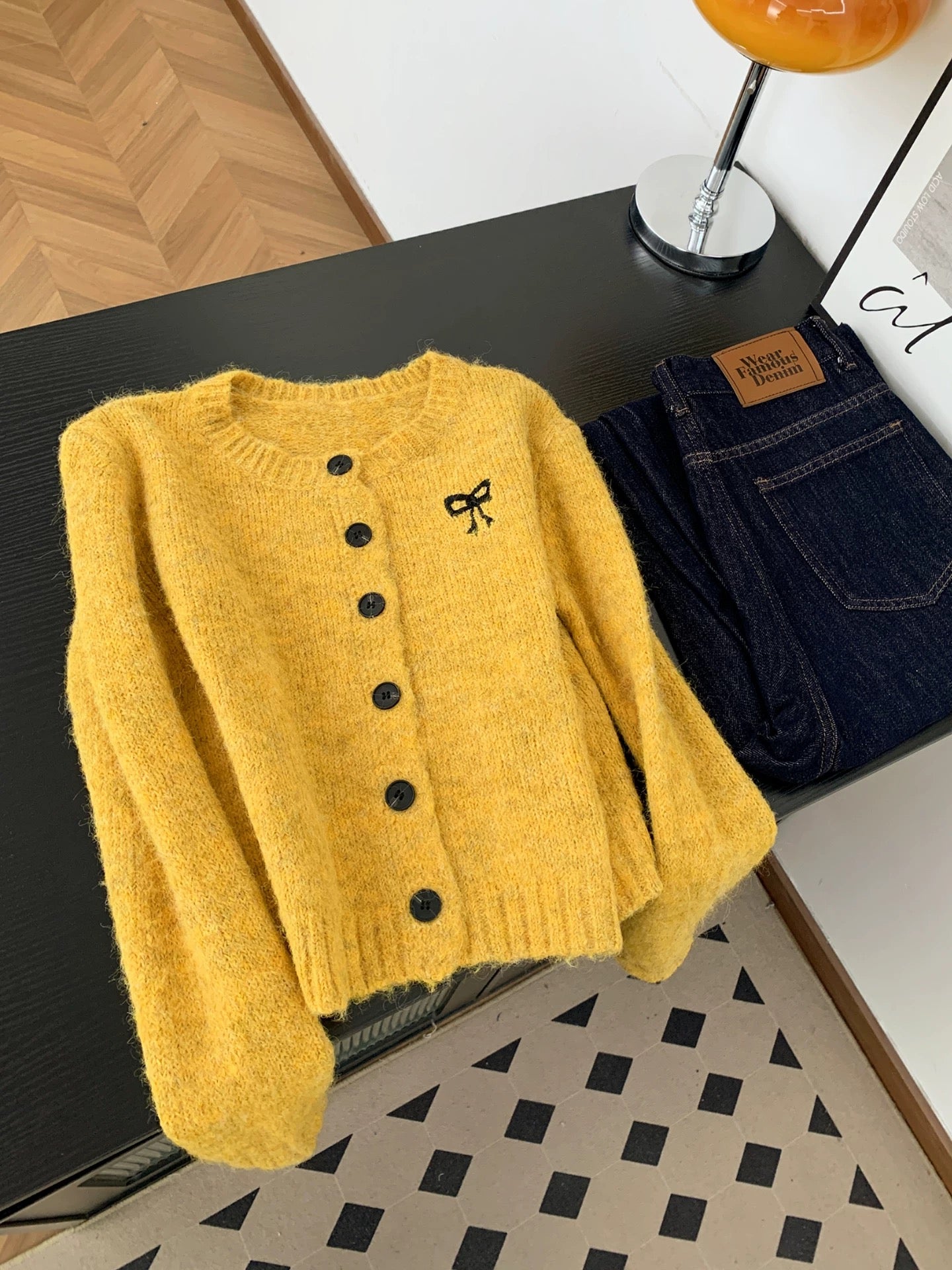 Korean lazy bow embroidered knitted cardigan sweater women's autumn and winter new niche retro high-end yellow top