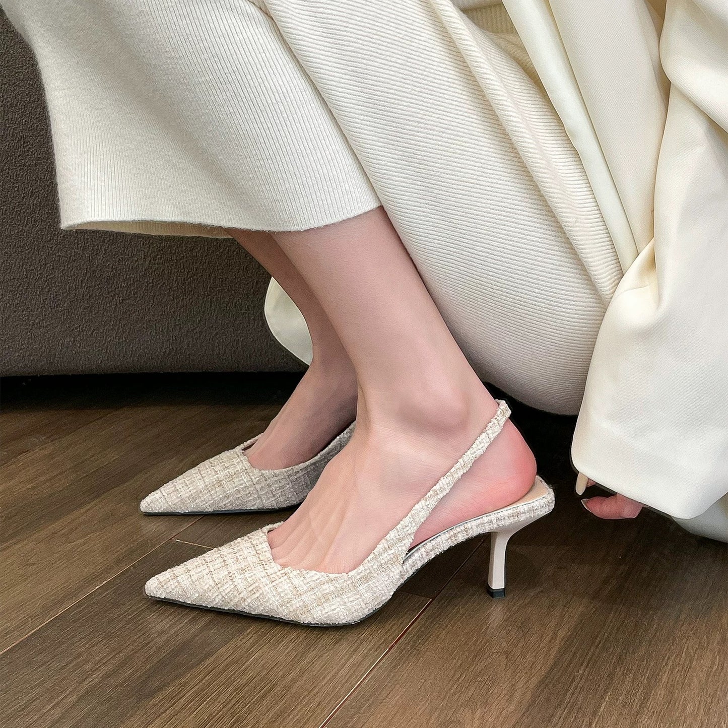 elingstudio's high-end fragrance! Sea Salt Blue Pointed Toe High Heel Sandals Women's Hollow Back Half Toe Shoes