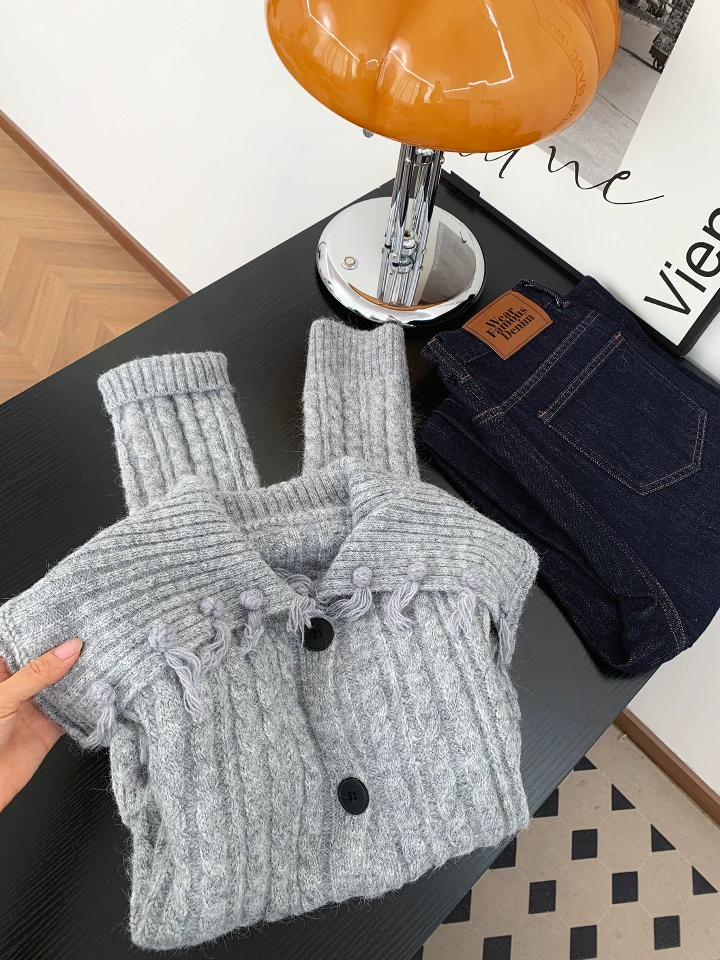 Maillard coffee navy collar tassel knitted cardigan women autumn and winter retro lazy style loose sweater jacket top