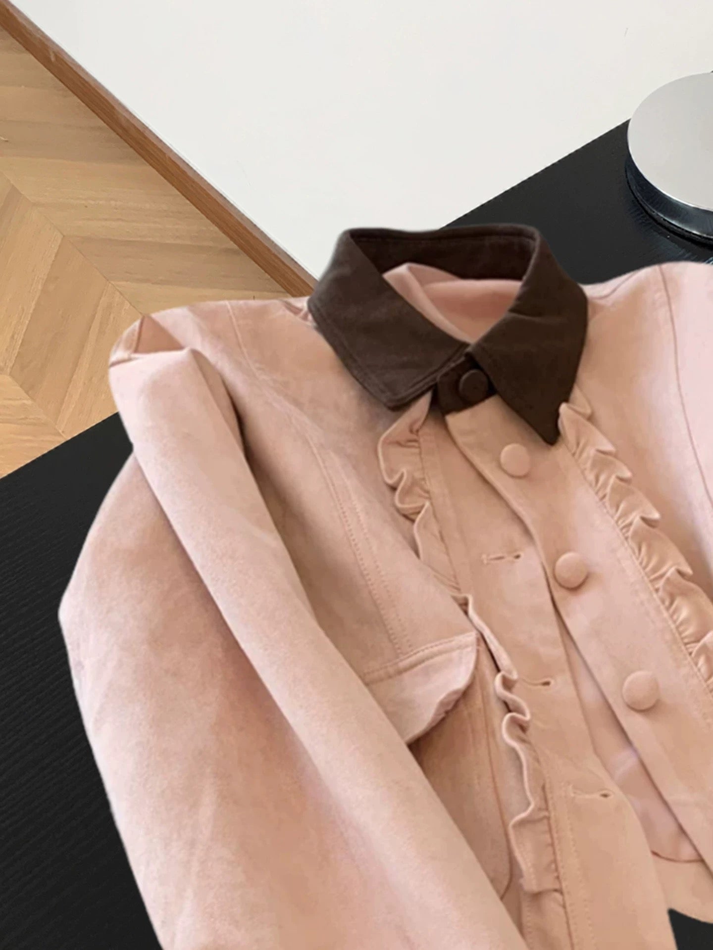 American retro style wood ear patchwork baseball jacket for women autumn sweet contrast color lapel short jacket