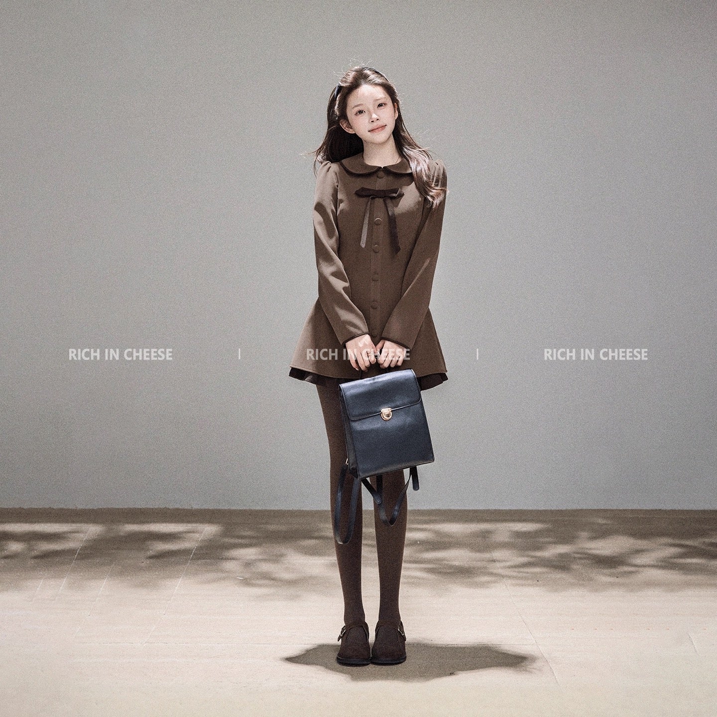 Jin Chuanchuan, Chanson Lovers, Korean Style Autumn/Winter Girlish Bow-Knot Woolen Retro Color Block Fitted Waist Dress