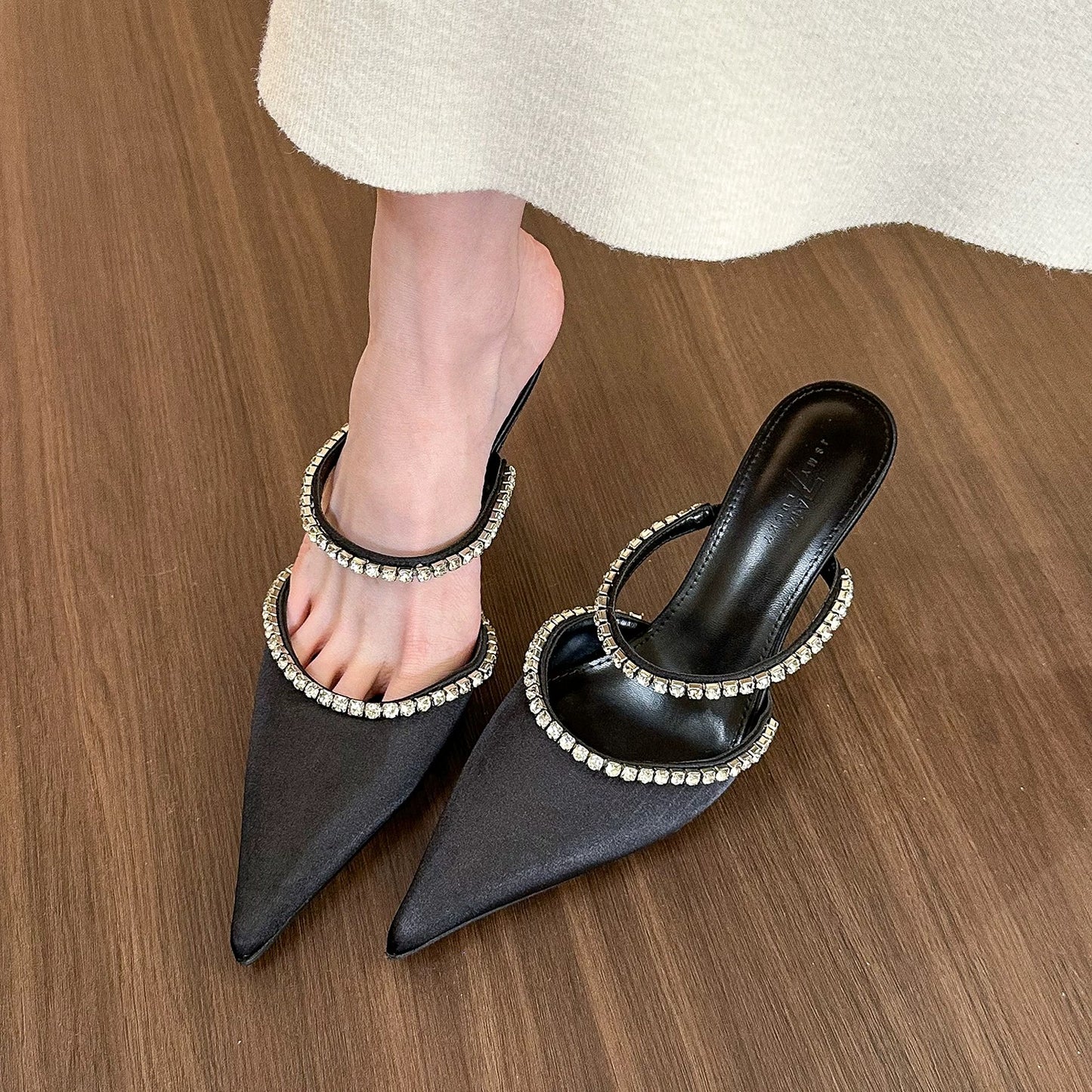 elingstudio is so beautiful! Rhinestone shallow pumps for women spring pointed toe stiletto half slippers for women