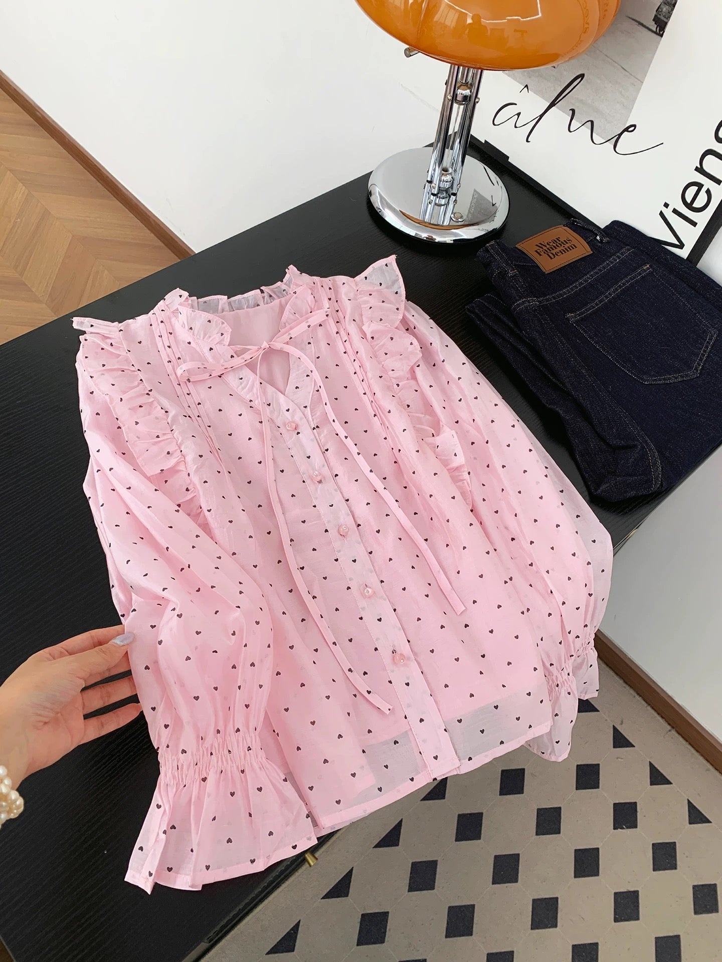 French sweet and gentle style heavy pleated polka dot shirt women's spring and autumn design loose long-sleeved shirt top