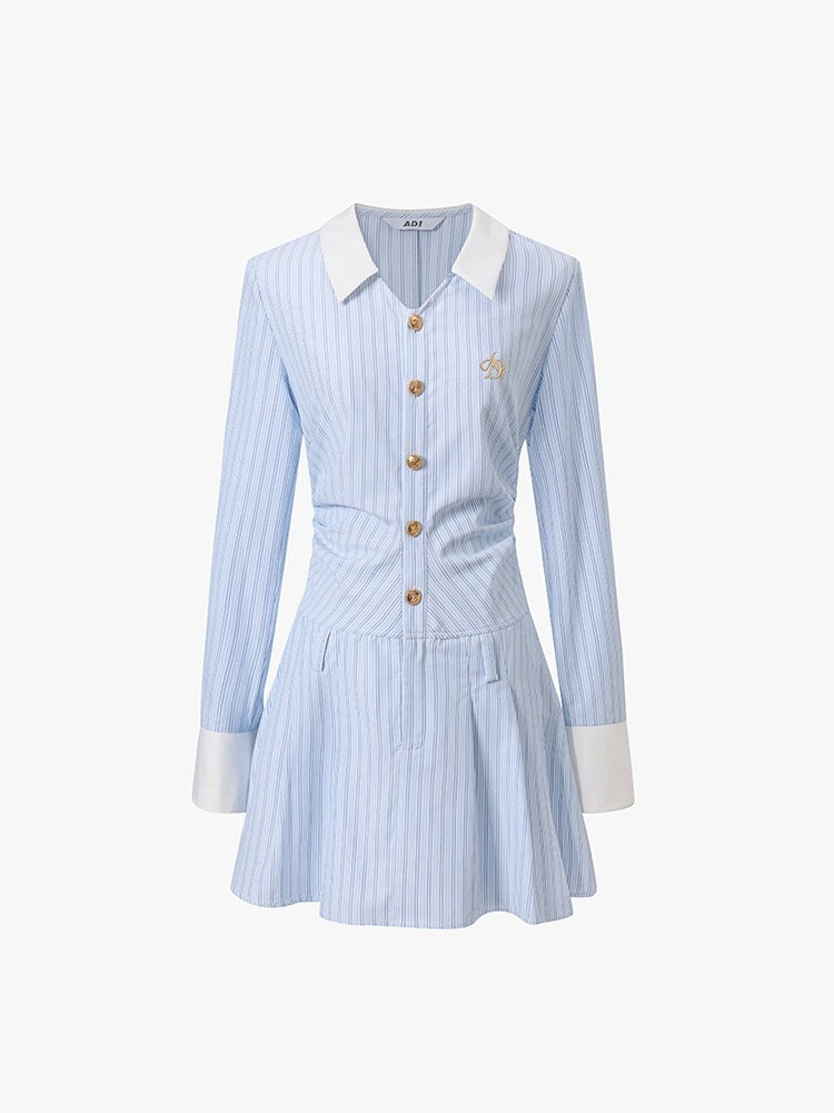 ANDYET AD1 original lapel blue striped pleated dress with patchwork waist A-line shirt skirt for women commuting