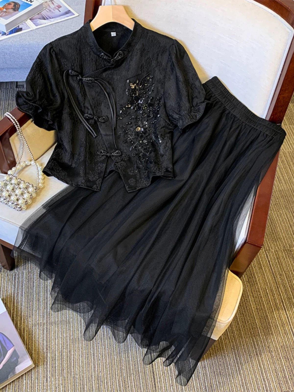 Beautiful buckle embroidered blouse and mesh skirt suit for women. Summer plus size fat girl looks slim, advanced and gentle two-piece set