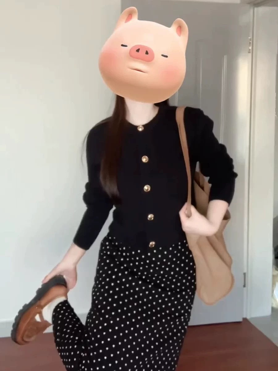 Korean chic two-piece set for early autumn 2025: knitted cardigan sweater and retro polka dot maxi skirt.