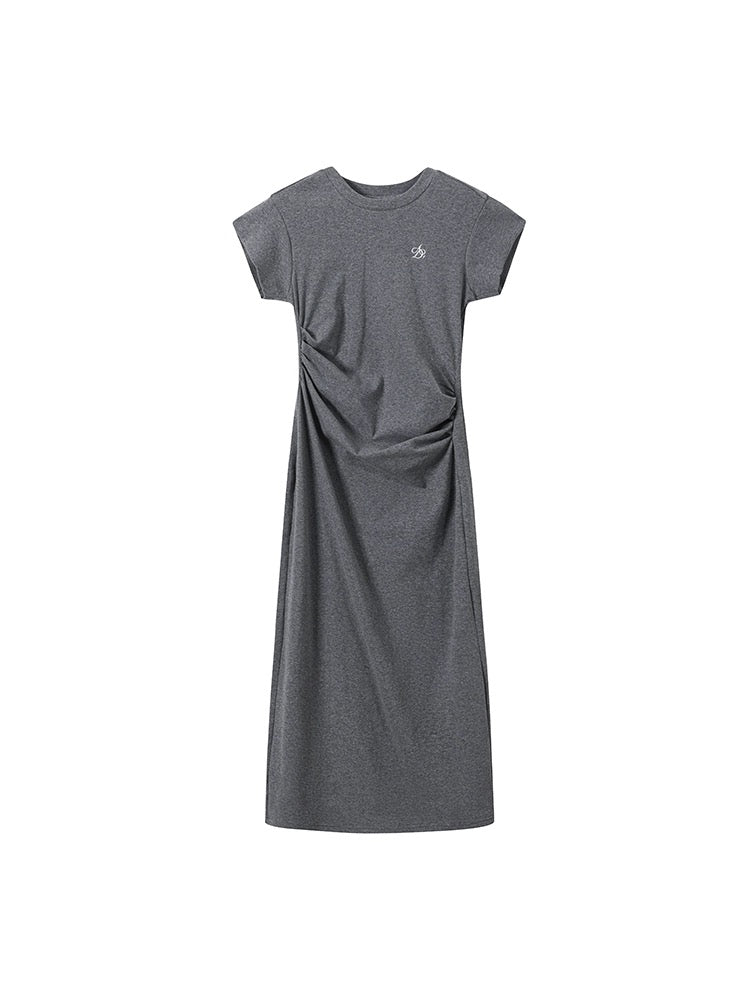 ANDYET AD1 original pleated embroidered short-sleeved dress for commuting, versatile round neck waist long skirt for women, slim fit