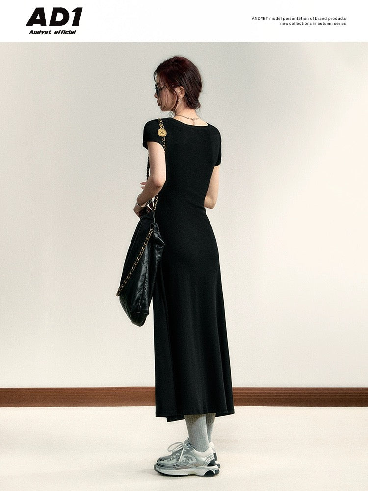 ANDYET AD1 Original Square Neck Dress Women's Short Sleeves Padded Waist Slimming Solid Color Long Skirt