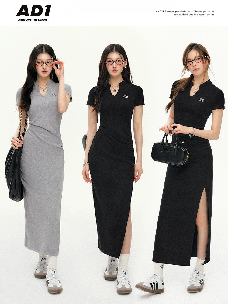 ANDYET AD1 original v-neck short-sleeved dress for women's summer commuting waist-cinching slit slim slimming long skirt