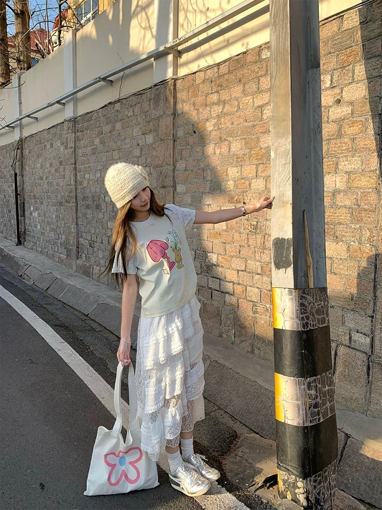 CCKOK patch embroidered table lamp vase raglan sleeve T-shirt 2025 summer new age-reducing niche cream apricot short-sleeved female
