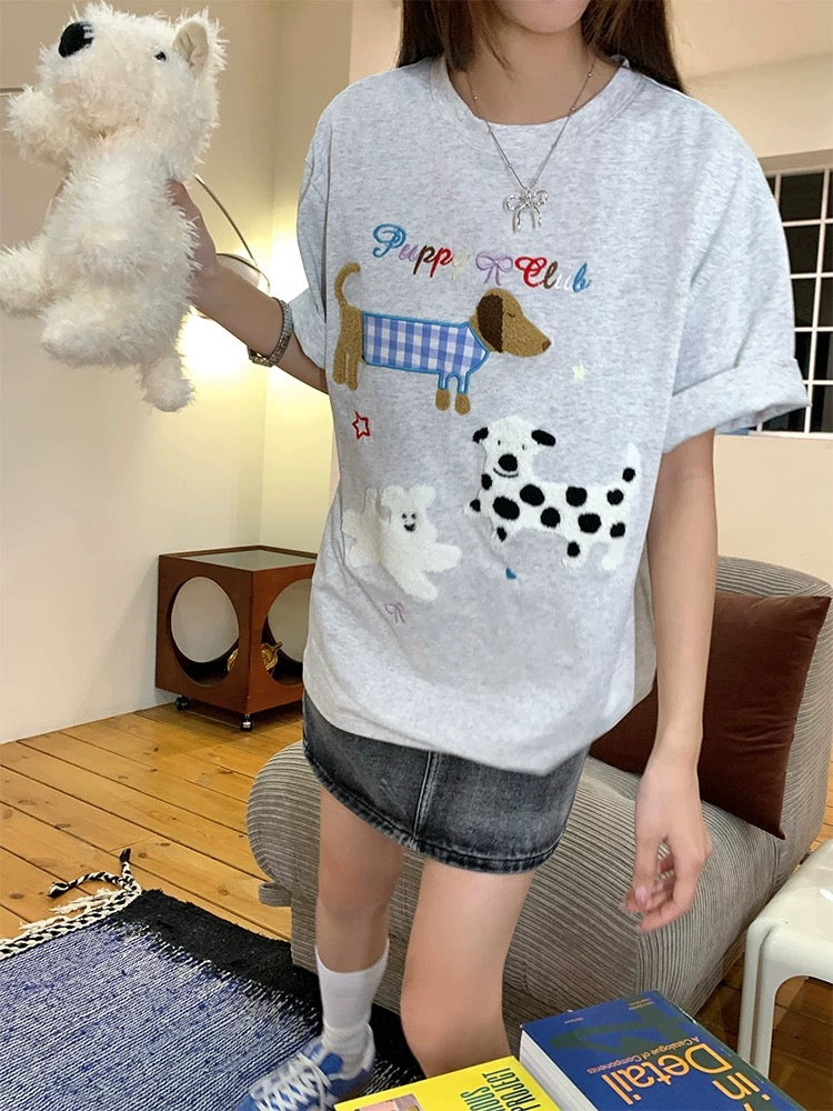 CCKOK cute puppy towel embroidered short sleeves 2025 summer new niche loose pullover age-reducing T-shirt female trend