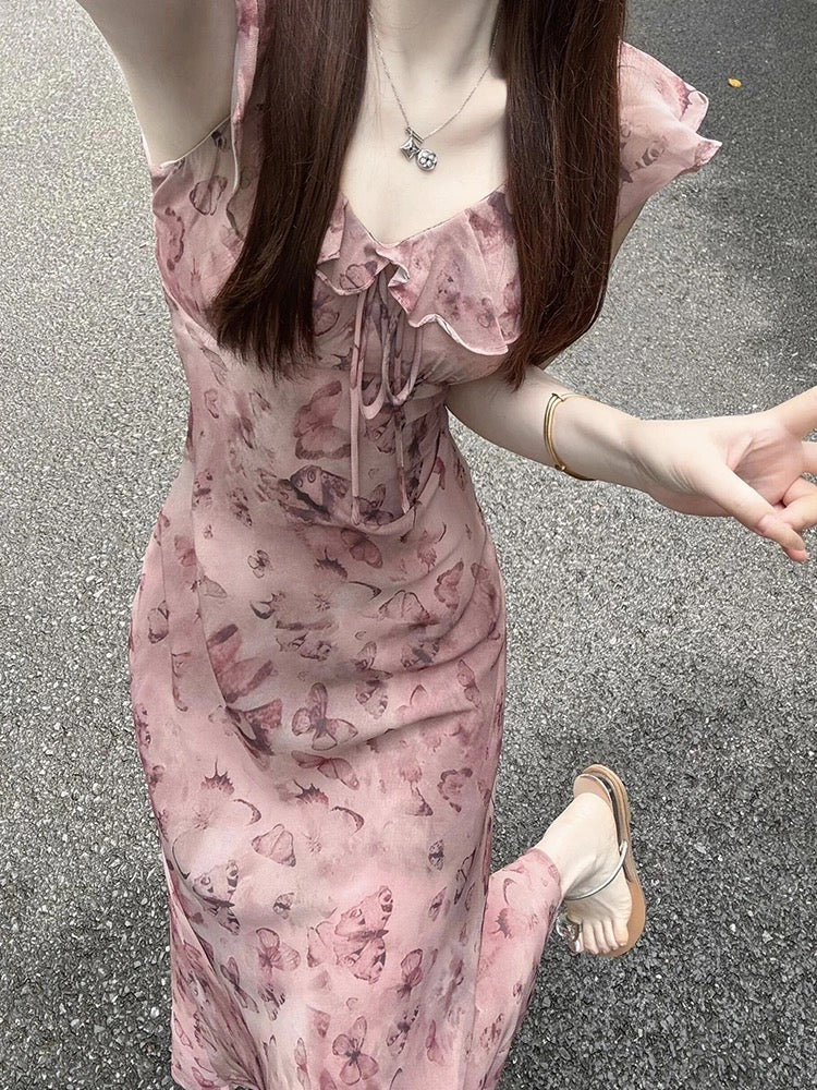 Tea break French dress for women, high-end spring and summer printed butterfly flying sleeves, waist slimming, hip-covering long skirt