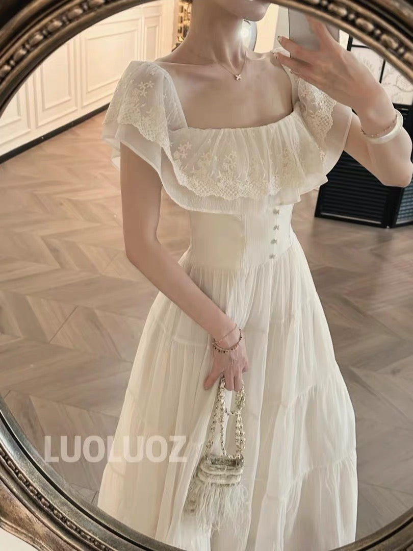 LUOLUOZ "White Lotus Elegance" – Off-shoulder, ruffled, slimming, and soft-style long dress (JF1473)