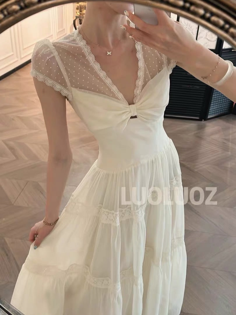 LUOLUOZ "Cloud-like White Elegance" – Long, waist-cinching dress featuring sheer polka-dot mesh and lace (JF1458)