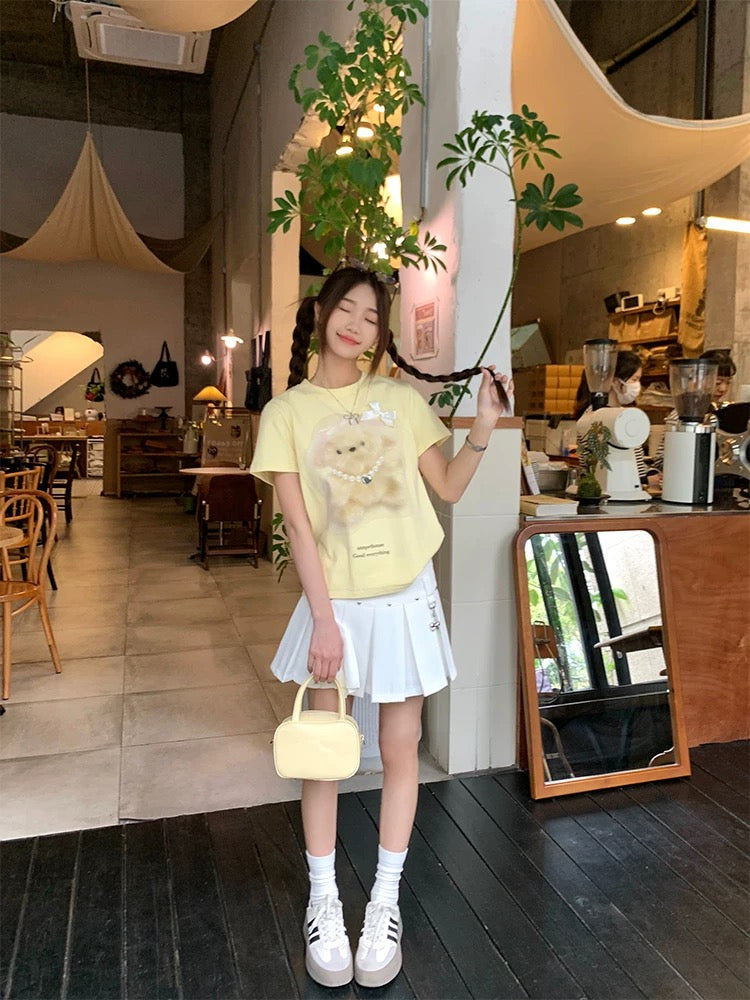 CCKOK Milk Huhu Printed Puppy Straight Shoulder Short Sleeve 2024 New Loose Niche Age-Reducing Design T-shirt Women's Summer