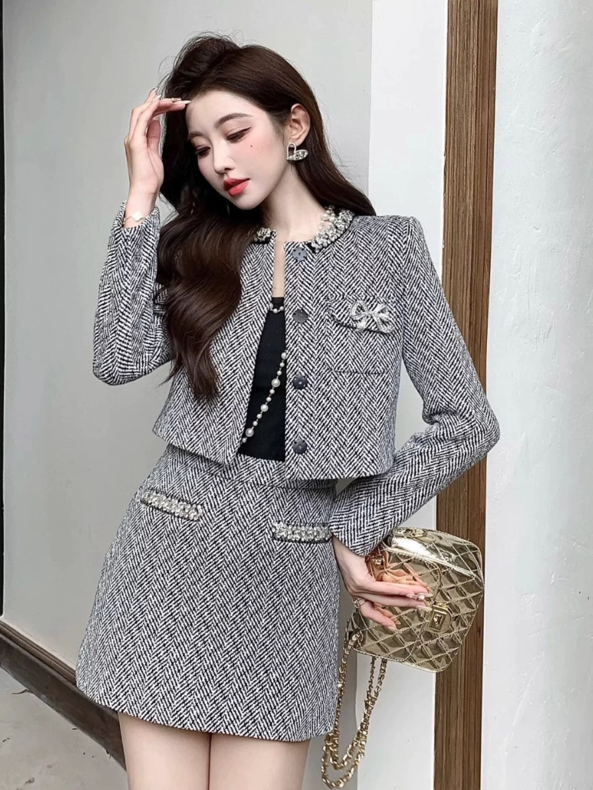 Nanyou light luxury niche designer style French style handmade rhinestone herringbone pattern wool tweed suit