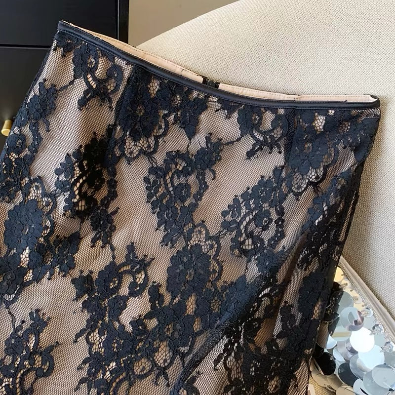 Women's Elegant Black Lace Skirt – Premium Design, Slim-Fit, Cut-Out Detail, A-Line/Straight Silhouette (Summer 2026)