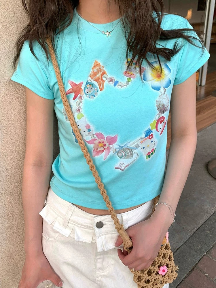 CCKOK Starfish Shell Katie Printed Straight Shoulder T-shirt 2025 Summer New Small Slimming Short Sleeve Women