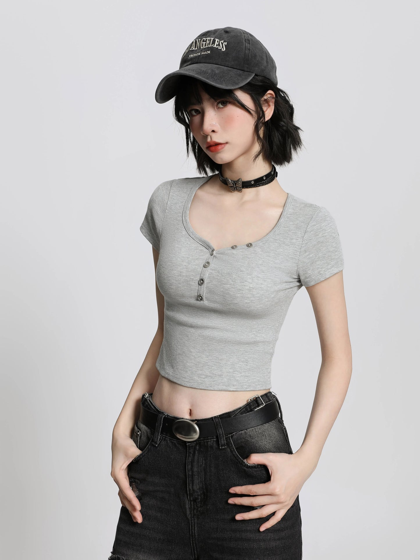 Black U-neck large neckline straight shoulder short-sleeved T-shirt women's summer slim tight high waist short pure desire hot girl black T top