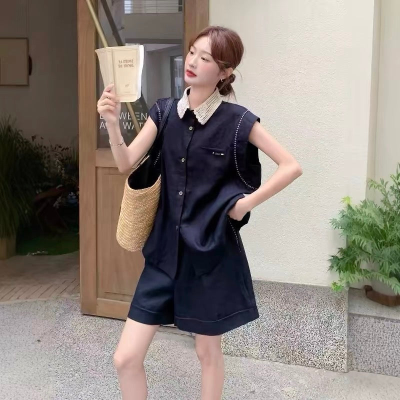 Shirley's Shop! High-End PO Collar Shirt and Elastic Shorts Two-Piece Set - 1310