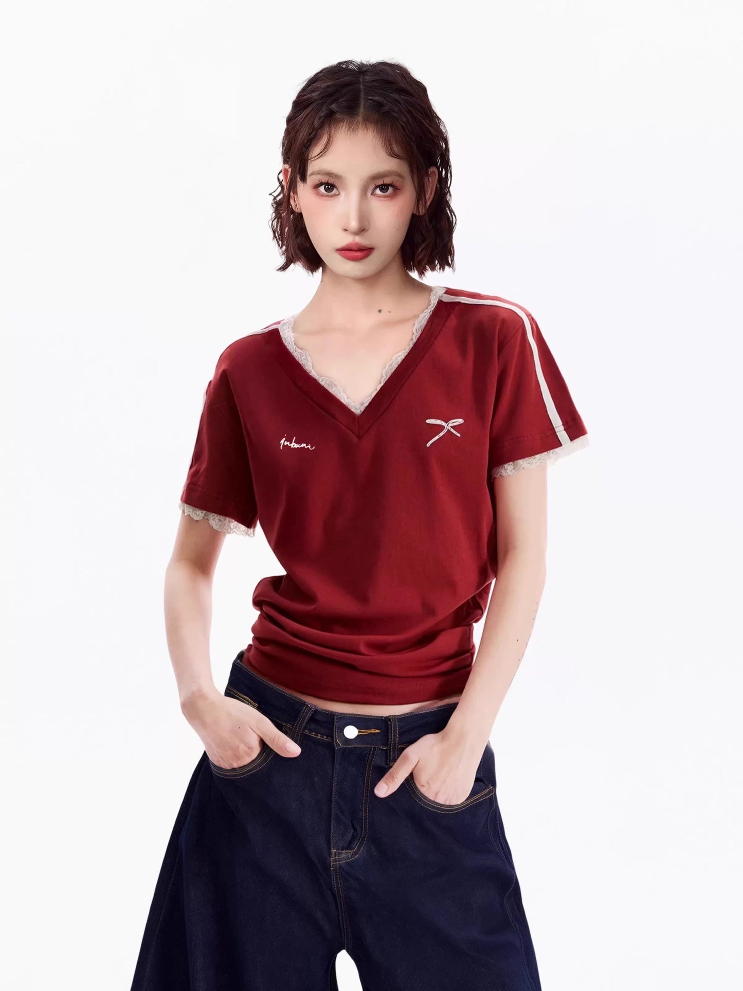 American navy blue lace v-neck straight shoulder short-sleeved T-shirt for women summer design slim fit short hot girl top