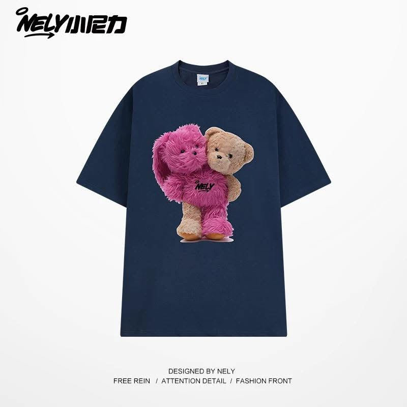 Cartoon bear short-sleeved t-shirt, unisex, summer youth trendy loose couple t-shirt, versatile and fashionable short-sleeved top.