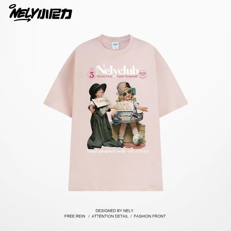 INS Printed Short-Sleeve T-Shirt, New Summer Style, American Retro Pure Cotton, European and American High Street Trendy Brand, Versatile Top, BF Style