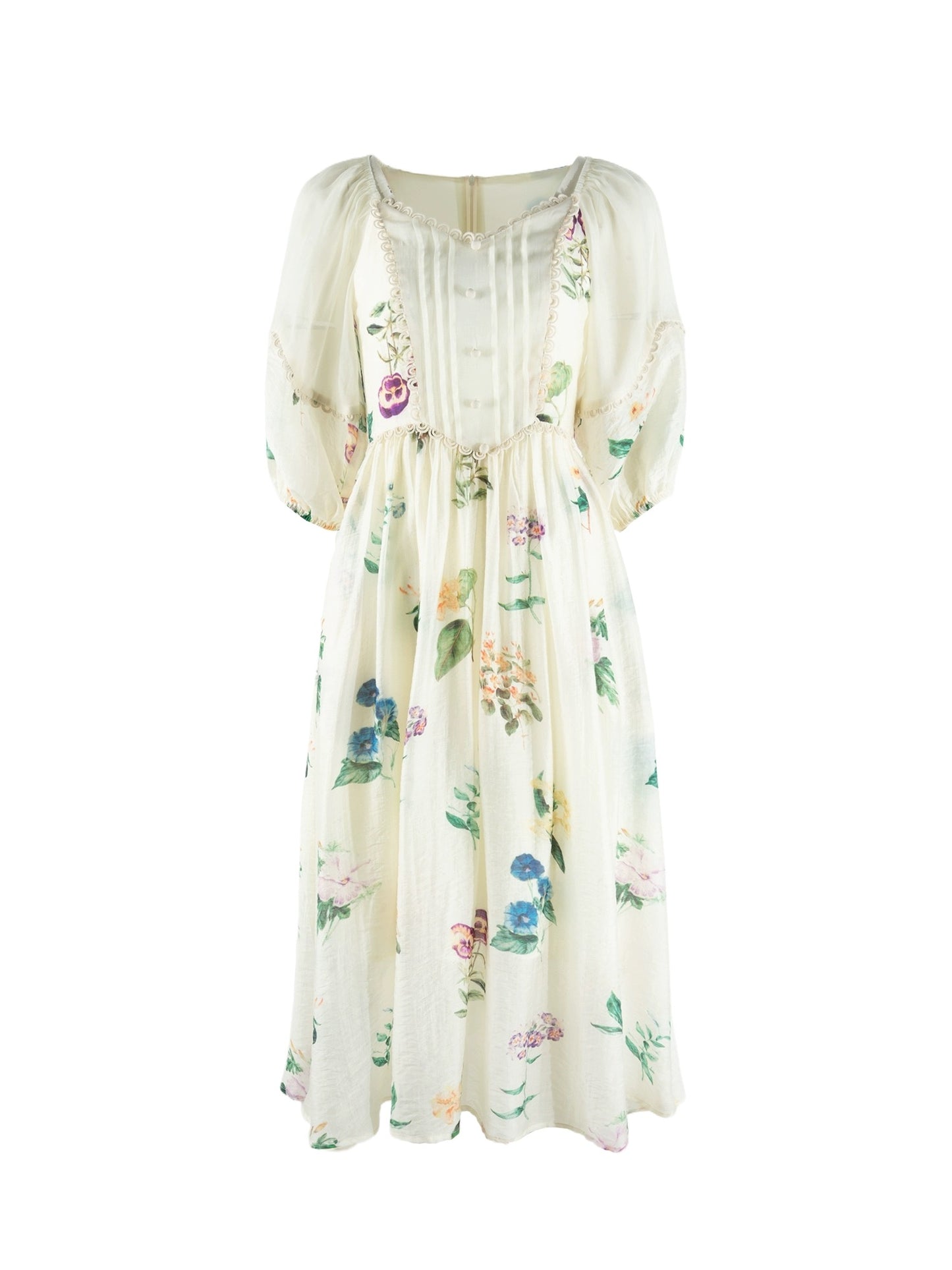 LAZYZ French printed retro puff sleeve Tencel dress for women summer 2024 new style waist tea break dress long skirt