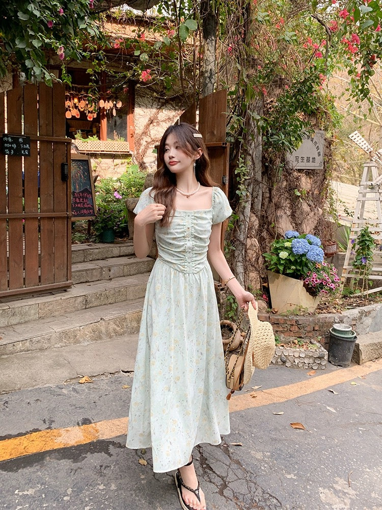 Zeng Xiaoxian French romantic light green floral square neck dress women's spring new off-the-shoulder slim long dress