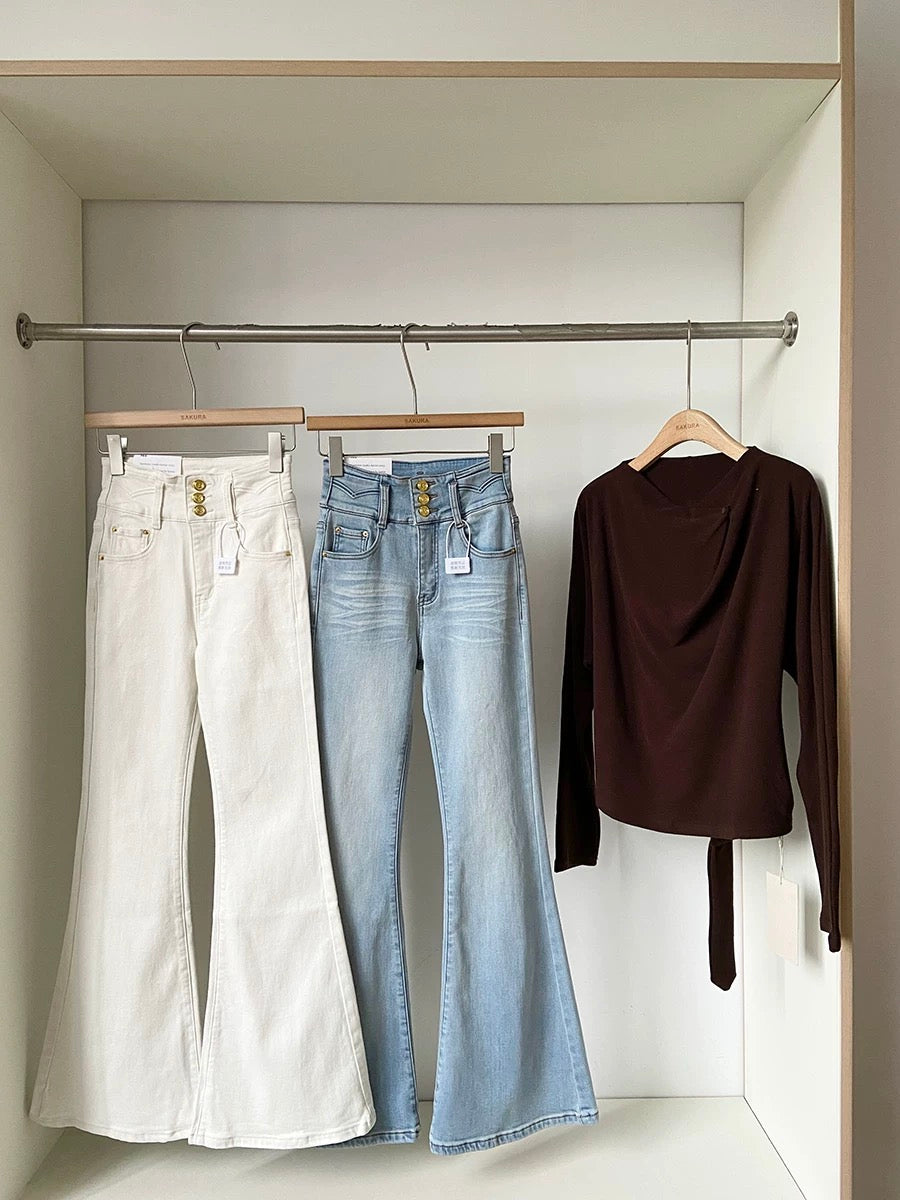 2026 Spring New Korean Style Versatile Washed Blue High-Waisted Slimming Jeans with Flared Legs, Casual Long Pants, Trendy