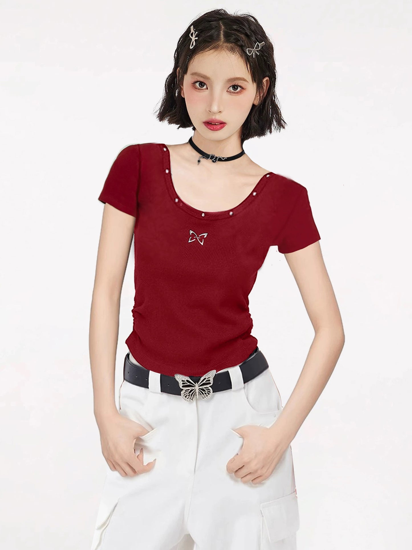 American wine red butterfly straight shoulder U-neck short-sleeved T-shirt women's summer 2025 new slim jazz sweet and spicy top